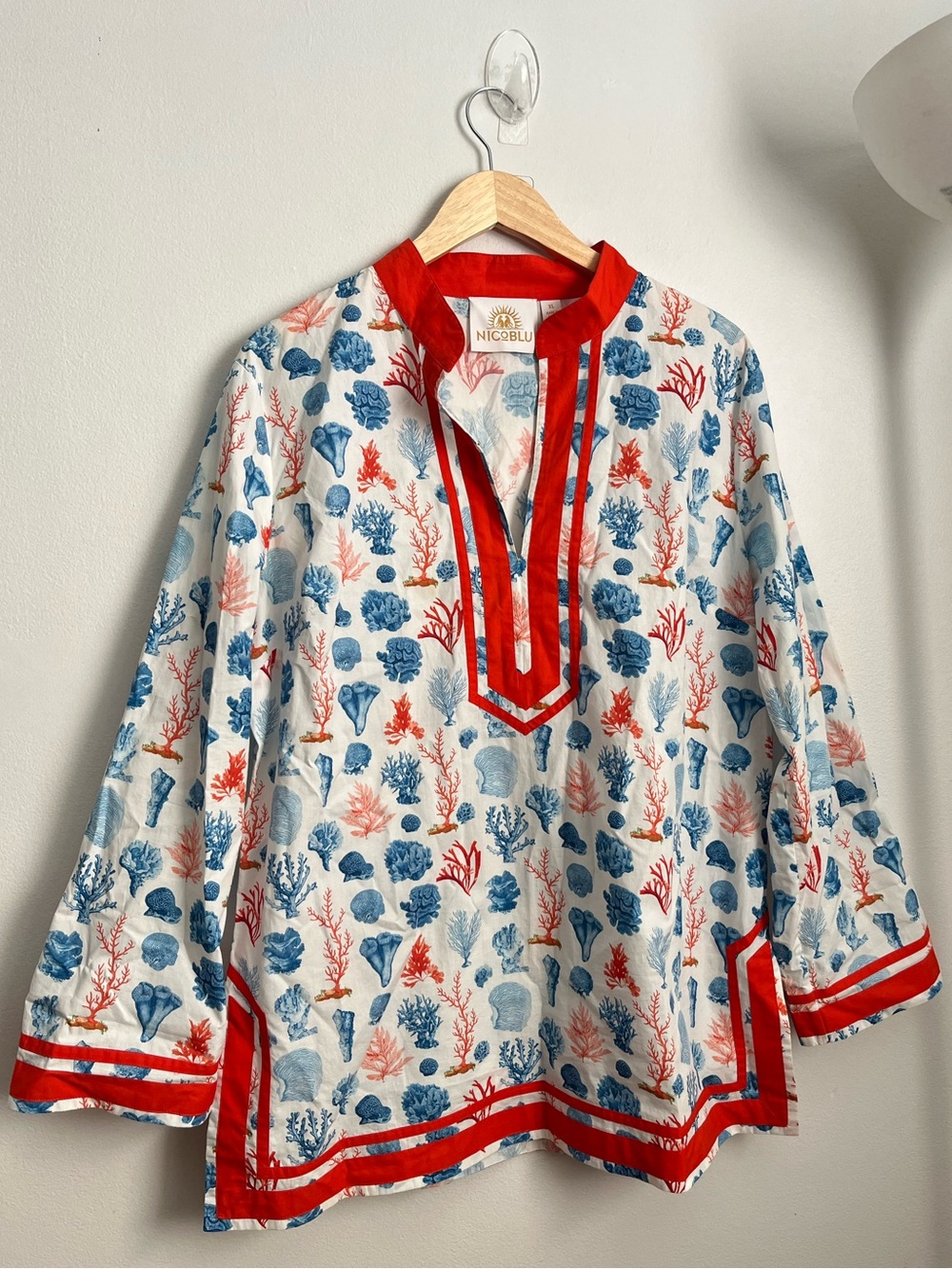NICOBLU Coastal Coral Sea Life Long Sleeve Split Neck Tunic Top XL